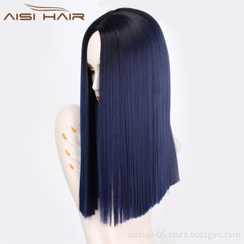 Aisi Hair Wholesale Middle Length Silky Straight Ombre Dark Blue Color Wig Afro Synthetic Cosplay Wigs For Black Women